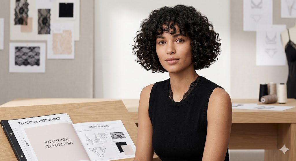 Designer reviewing S27 lingerie trend report in studio